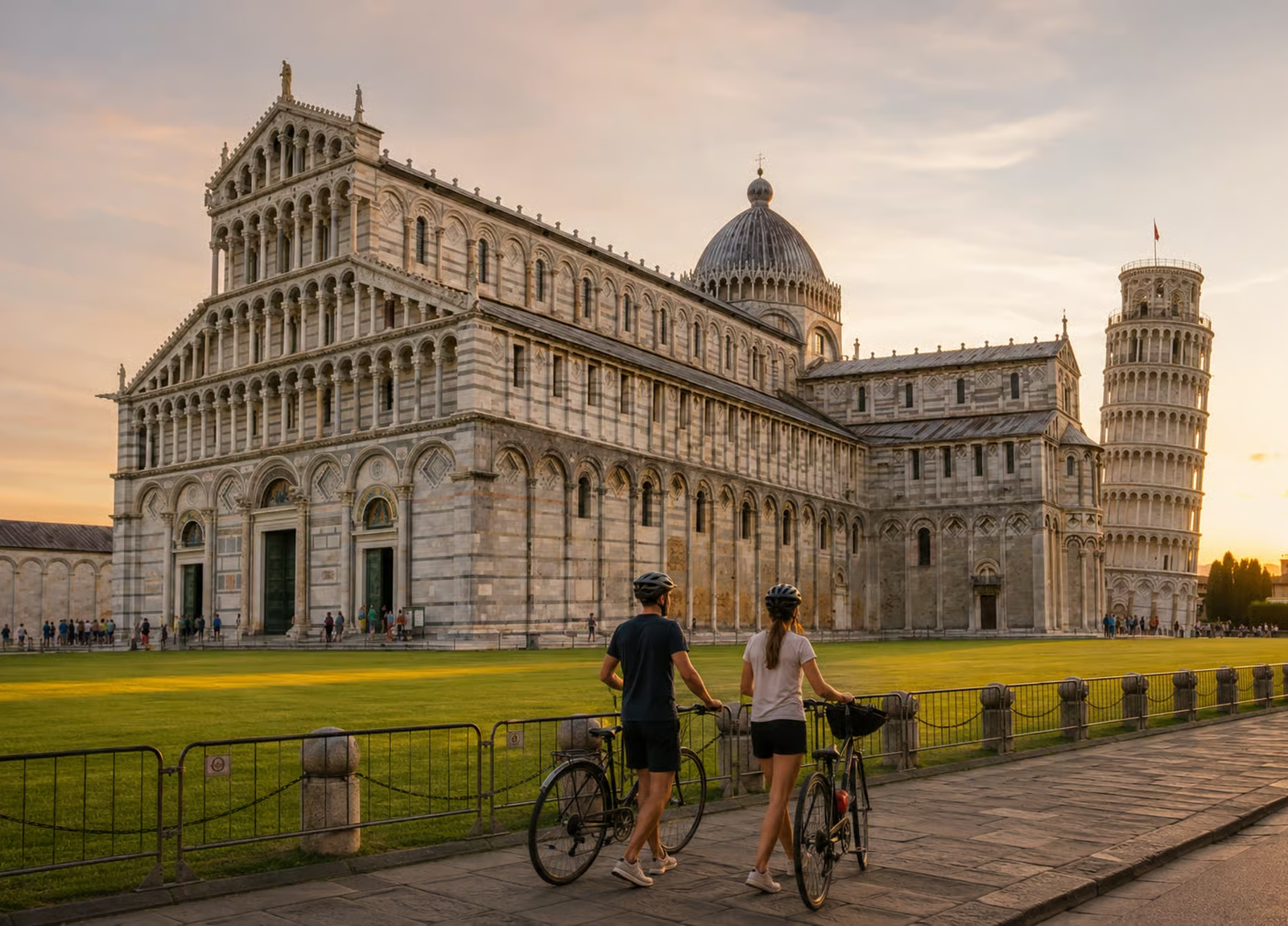 Couple pushing bicycles in front of the Pisa Cathedral and the Leaning Tower at sunset