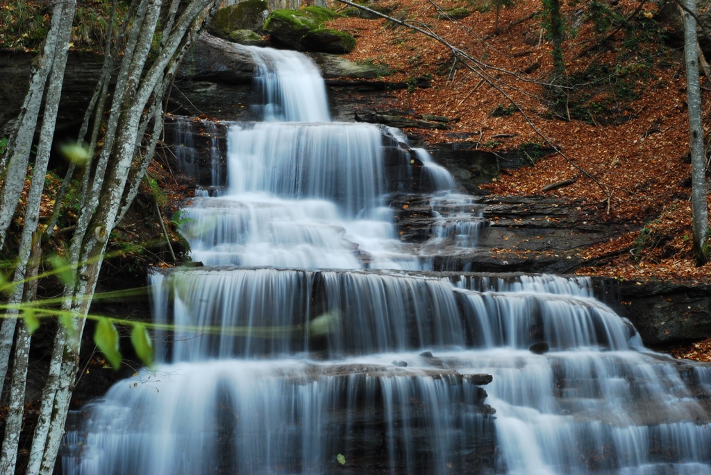 Cascades entre les rochers et les arbres dans le Casentino.